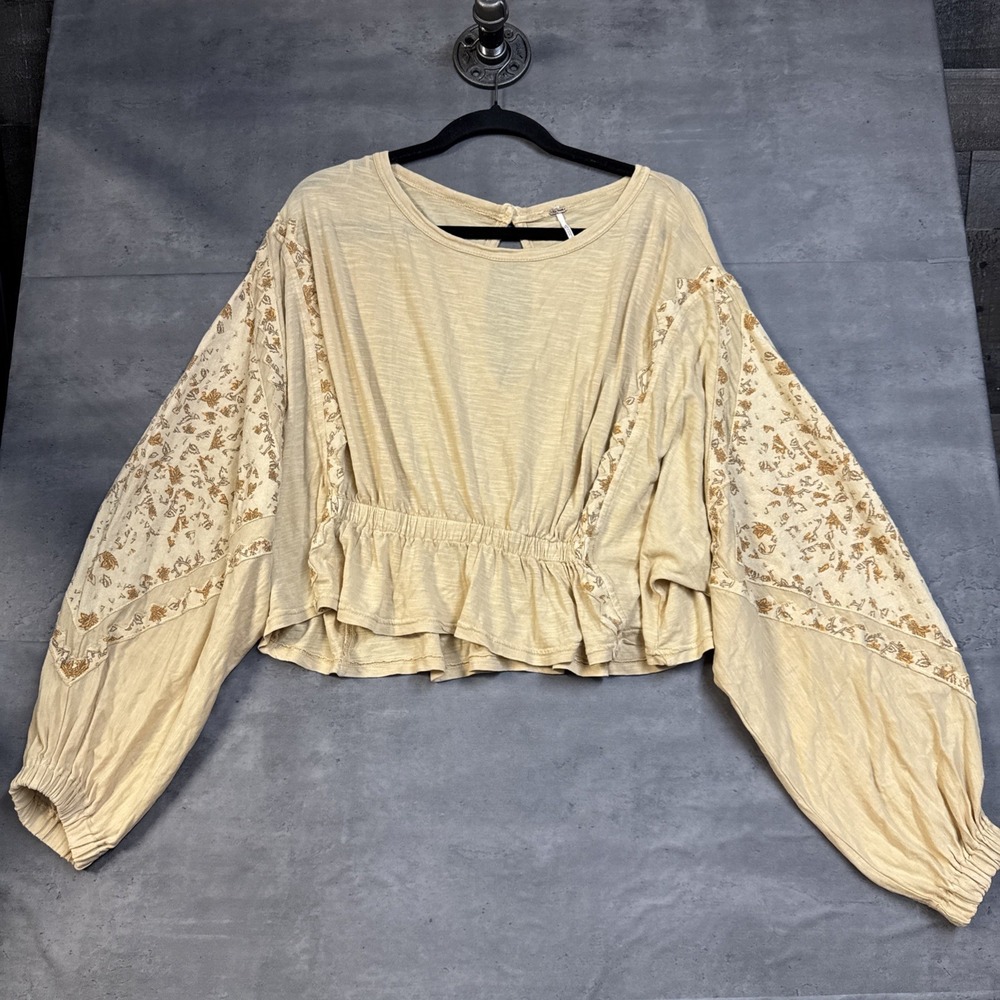 Free People Throwback Top exaggerated printed volume sleeves Ruffled Waist Small